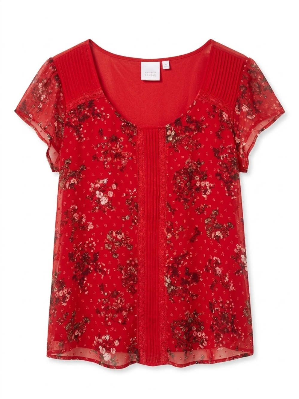 Lauren Conrad Red Floral Sheer Pintuck Blouse XL